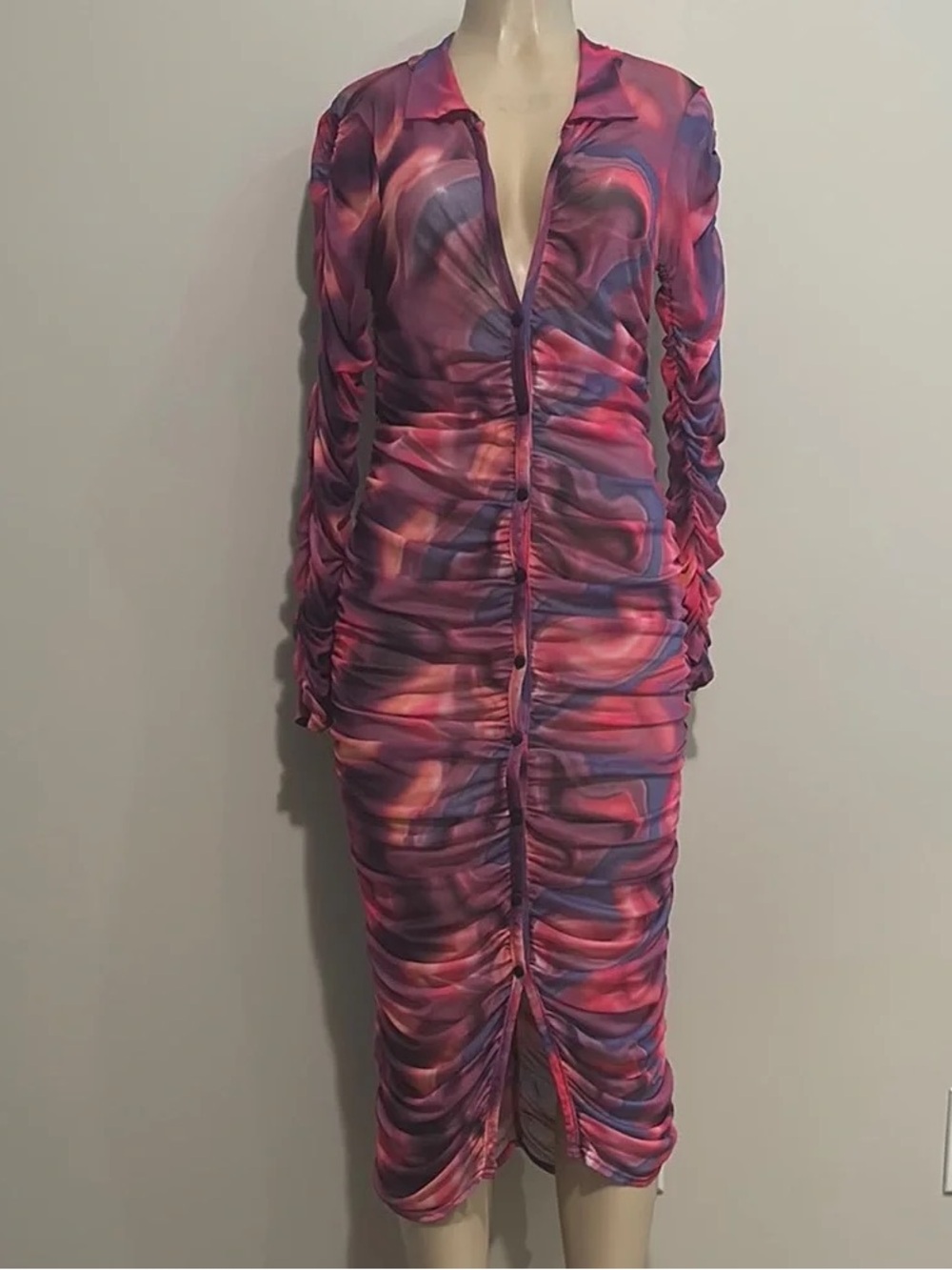 PrettyLittleThing Pink & Purple Swirl Ruched Midi Dress NWT